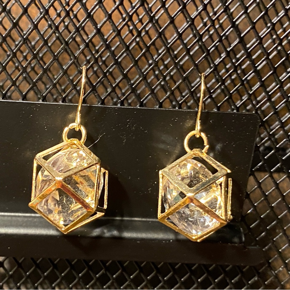 SALE 5/$25 geometric earrings,gold frame,Faceted center crystal